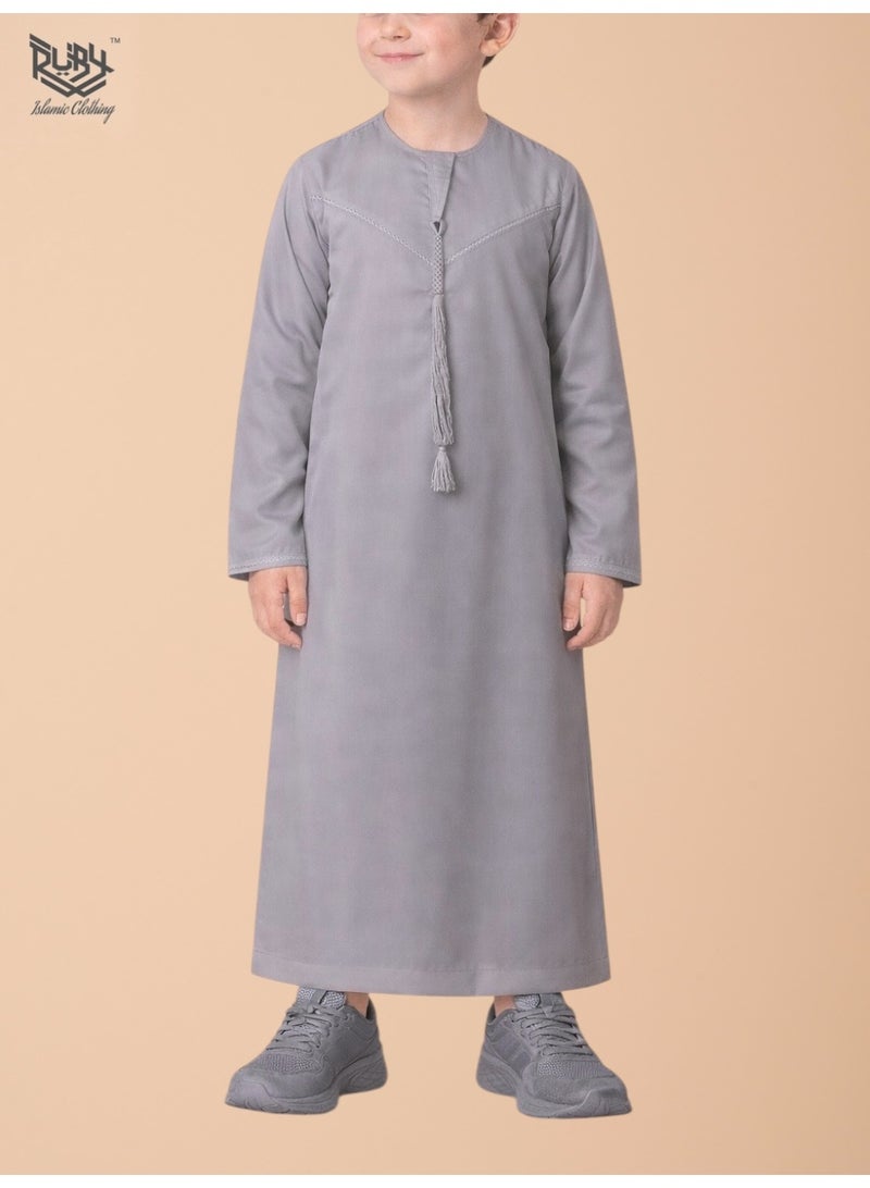 RUBY ISLAMIC CLOTHING Classic Light Grey Emirati Thobe (Kandura) for Children & Kids with Intricate Embroidery, Kaftan, Round Neck, Long Sleeve, Saudi Arabian Muslim Robe - Image 1